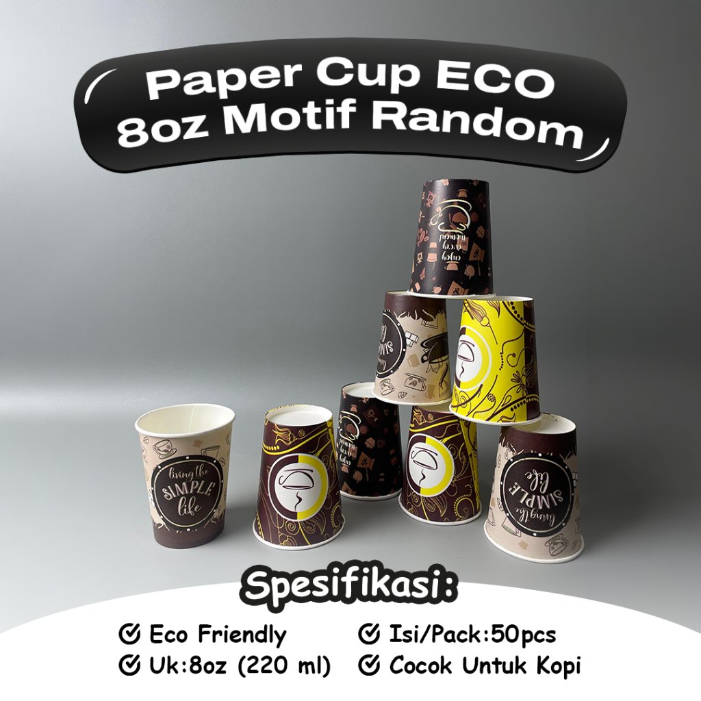 Paper Cup ECO 8 Oz Motif Random Isi 50 Pcs / Gelas Kertas / Kopi / Teh / Tahan Panas / Eco Friendly