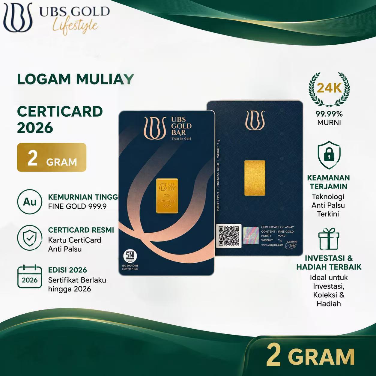 Batangan emas murni LM UBS 2 gram dalam kotak kertas.