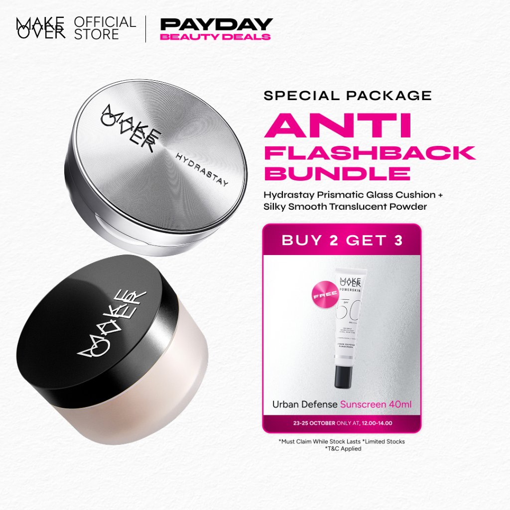 [PAKET HEMAT] MAKE OVER Anti Flashback Set: Hydrastay Prismatic Glass Cushion + Silky Smooth Translu