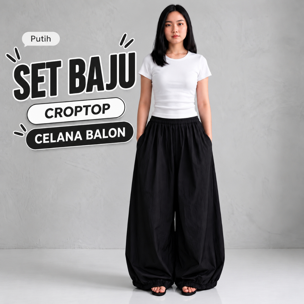 Setelan Wanita Crop Top dan Celana Balon Korean Style Casual Outfit