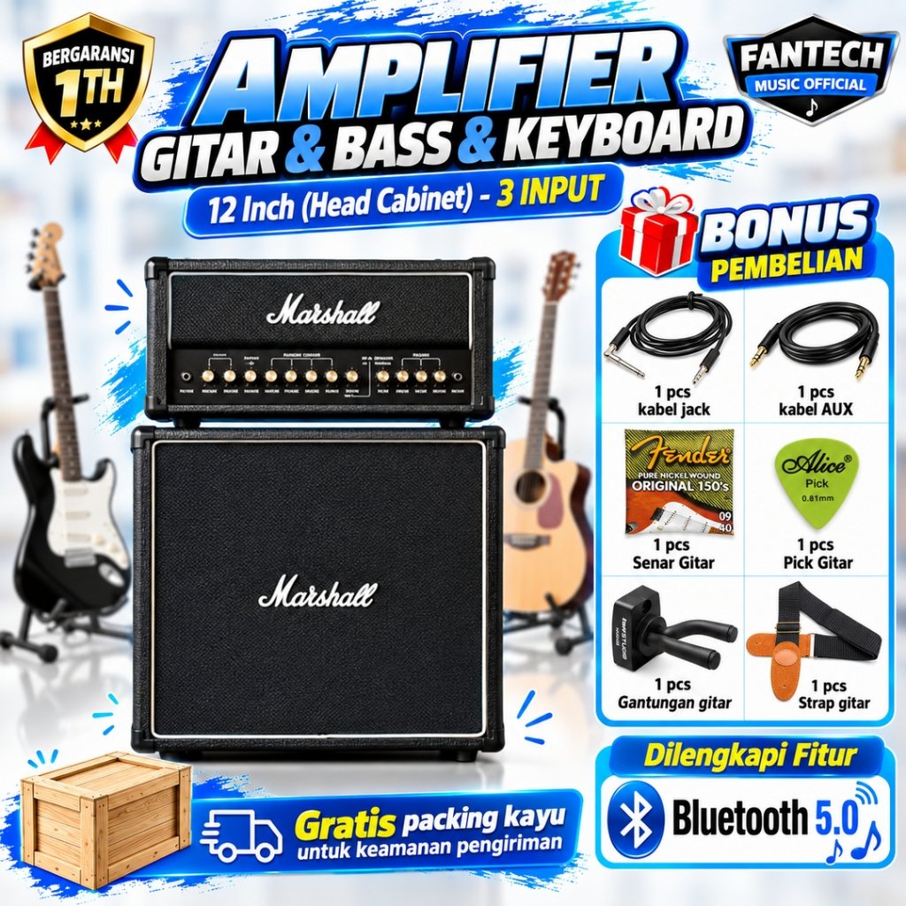 Ampli Gitar & Bass 12 Inch ada bluetooth bisa untuk karaoke Marshall 3 Input Head Cabinet Free Kabel