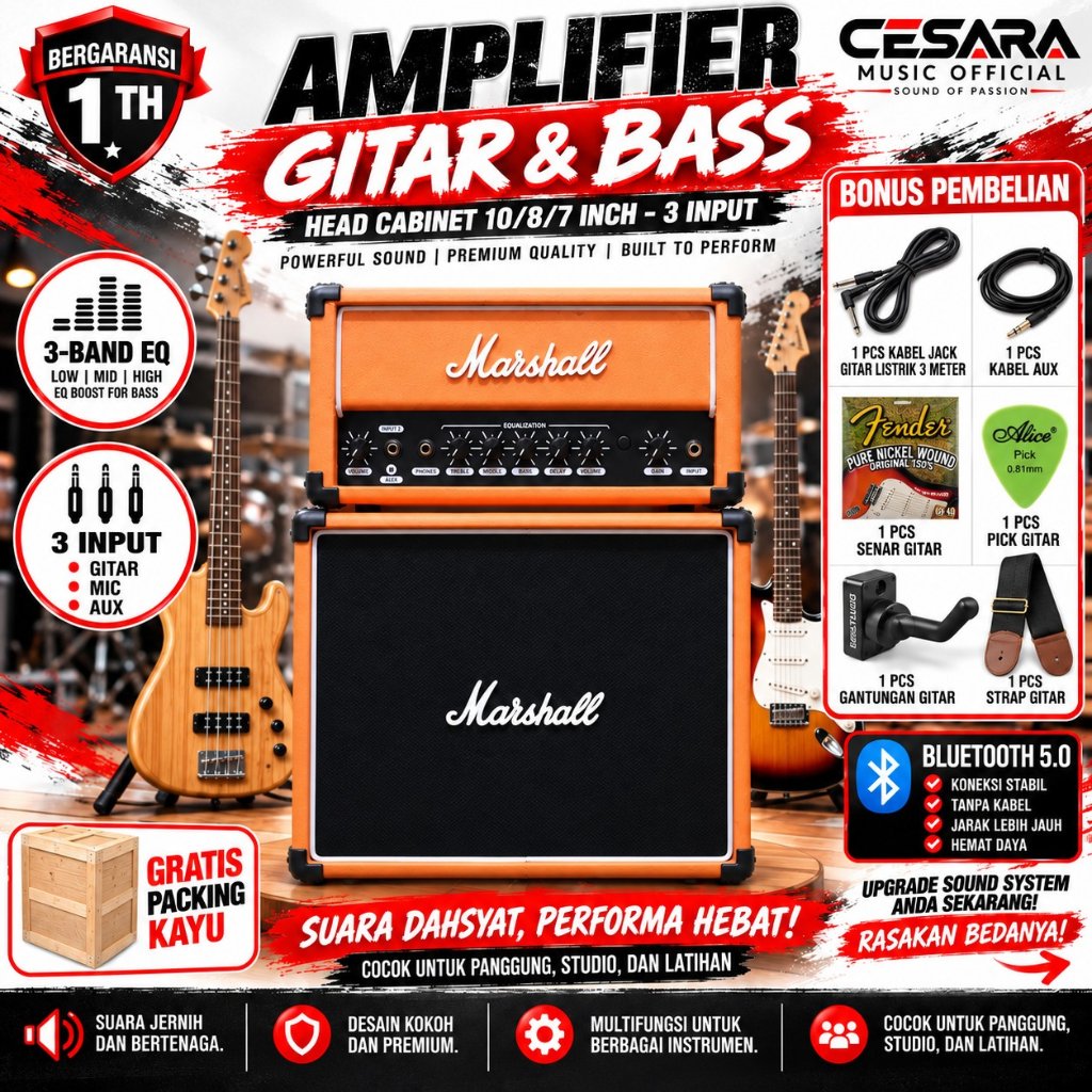 Ampli gitar & bass 10 Inch 3 input bluetooth bisa untuk karaoke head cabinet efek distorsi & delay
