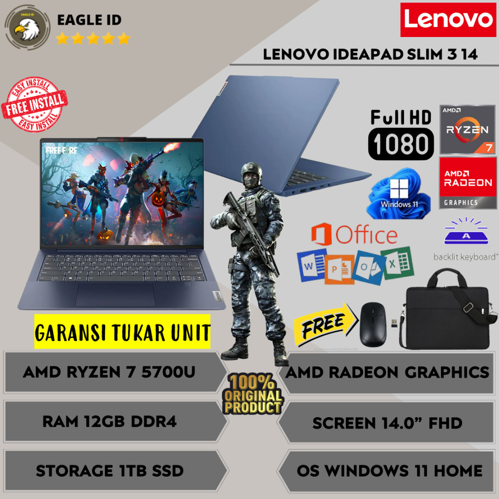 Laptop Gaming Lenovo Ideapad Slim 3 14 AMD Ryzen 7 5700U Ram 12GB 1TB SSD 14 FHD Windows 11 Original