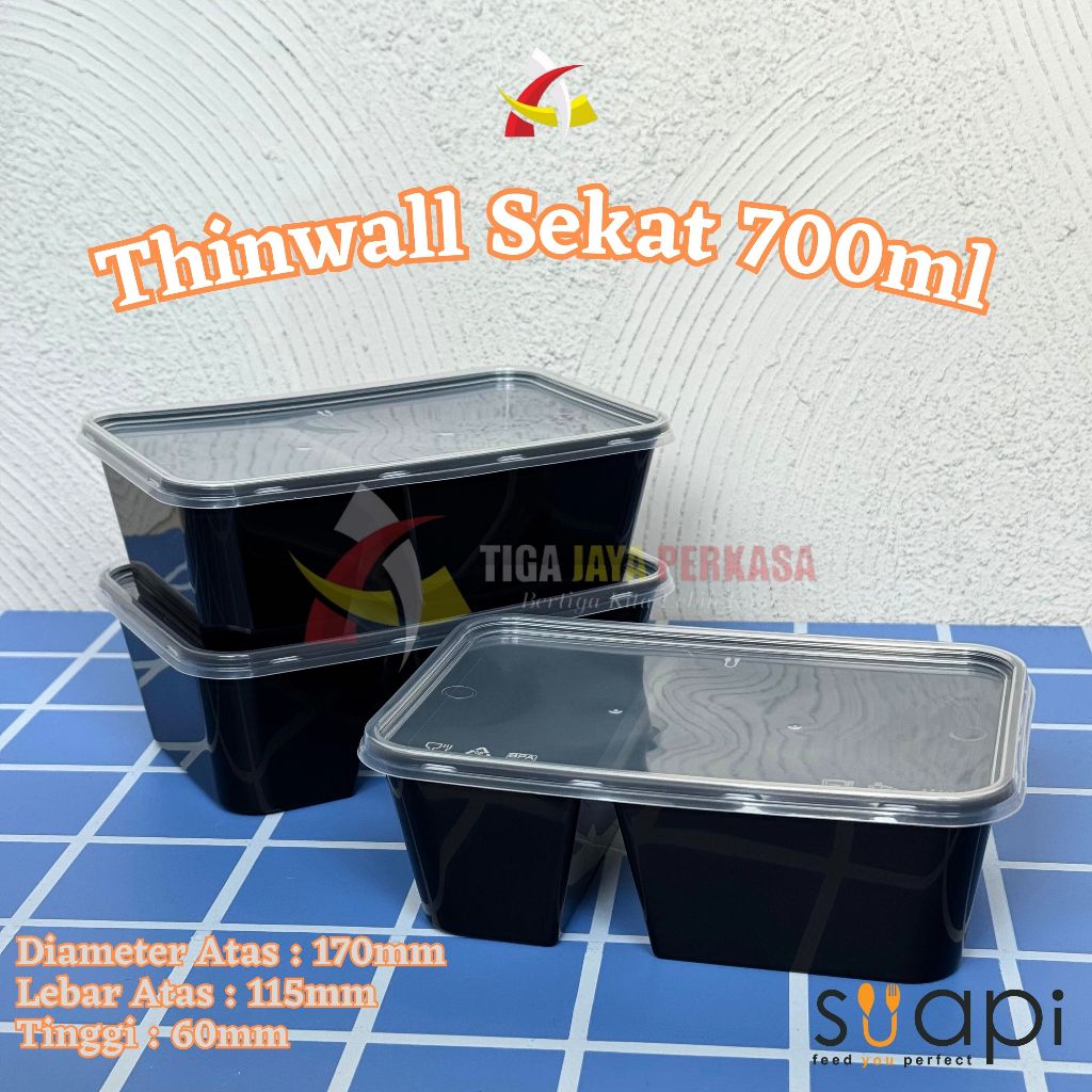 Food Container Suapi 700ml Sekat Hitam / Thinwall Sekat 700ml Hitam 25pcs