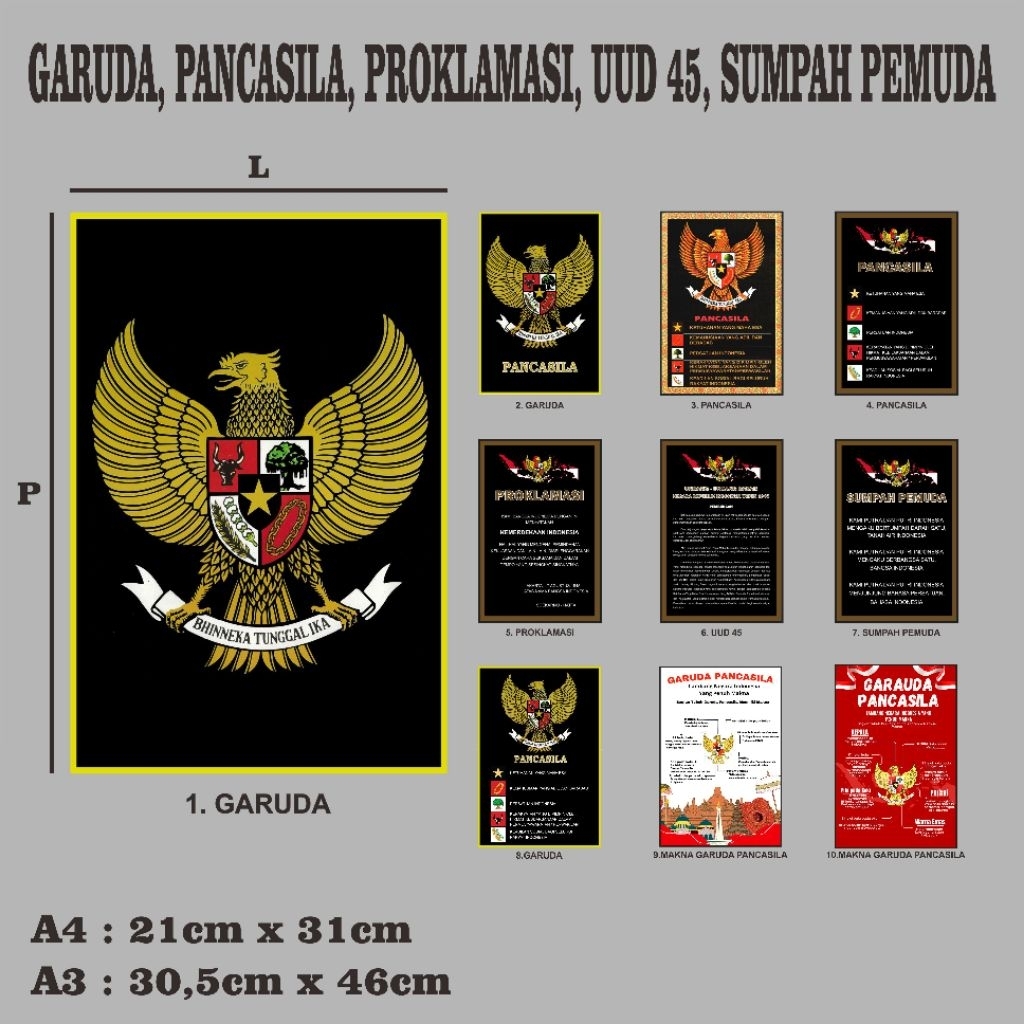 Poster Garuda, Pancasila, Proklamasi, UUD 45,  Sumpah Pemuda , & Makna Garuda Pancasila (A4)