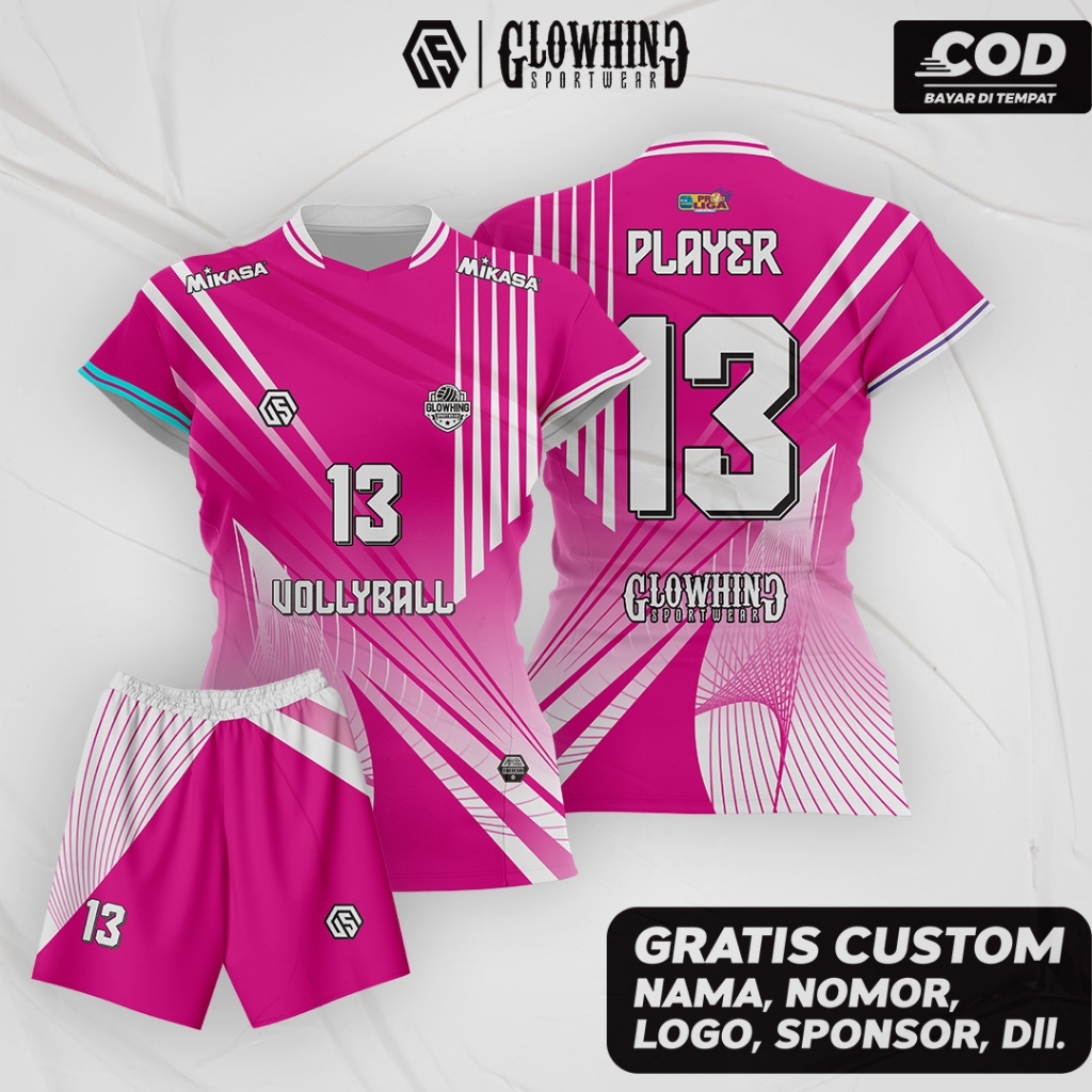 Jersey Baju Voli Cewek Full Printing Pink Putih Gratis Pasang Nama Dan Nomor Punggung