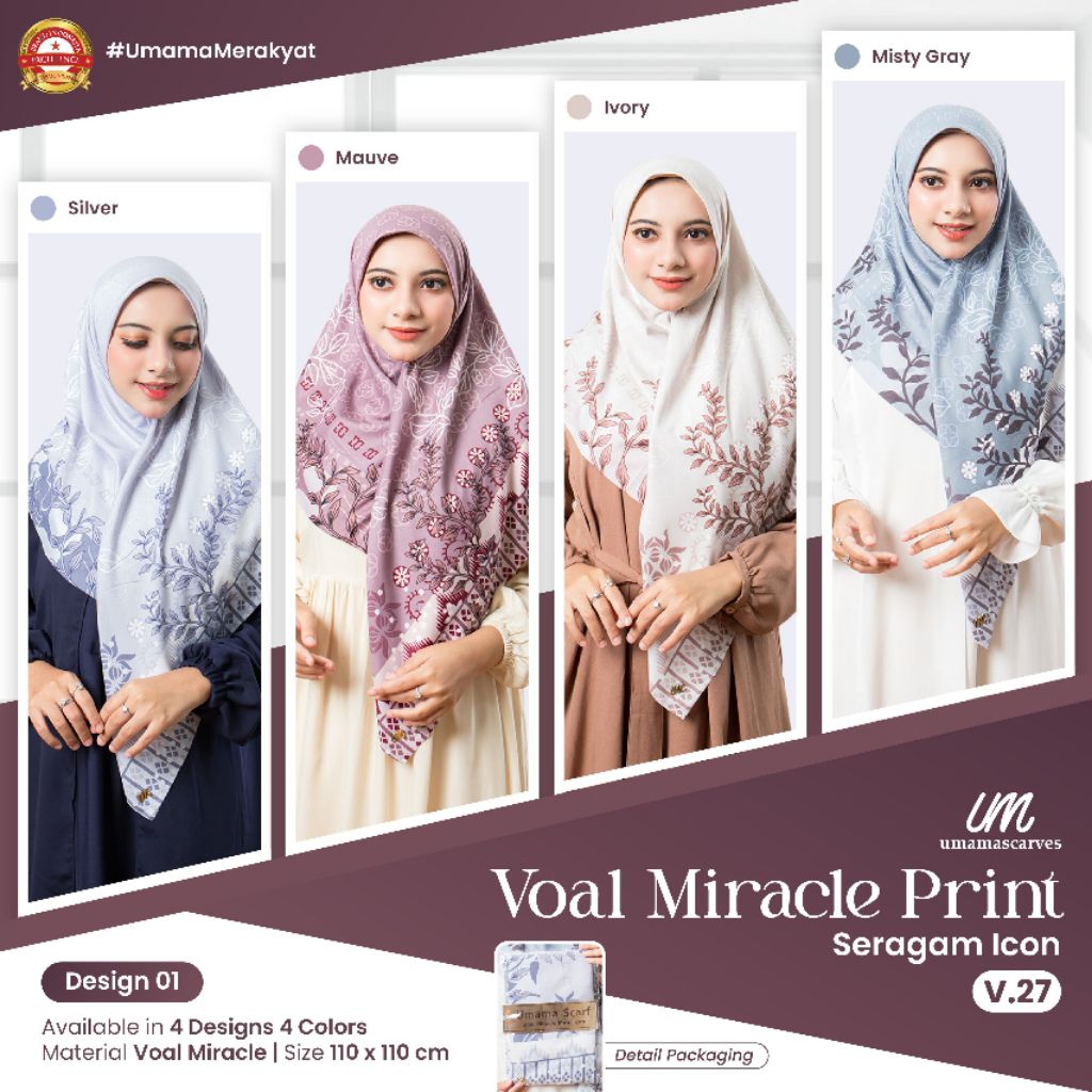 Hijab Umama Scarf Voal Miracle Motif UK.110x110 cm, Jilbab Umama Scarf Voal Miracle Motif