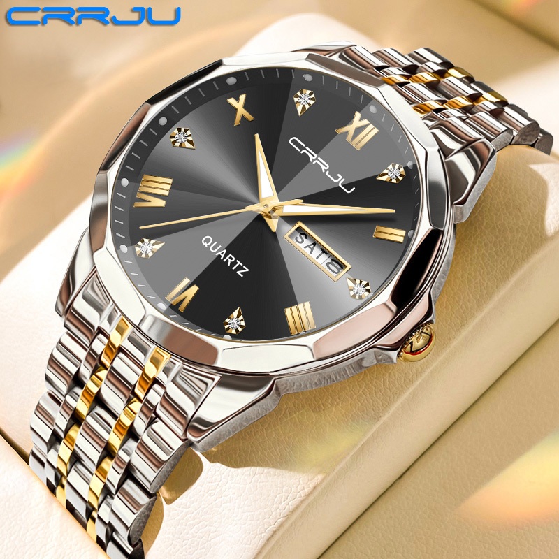 CRRJU Jam Tangan Pria Original Anti Air Tali Stainless steel Luxury Kalender Analog Luminous Man Wat