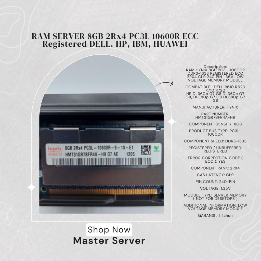RAM SERVER 8GB 2Rx4 PC3L 10600R ECC Registered DELL, HP, IBM, HUAWEI