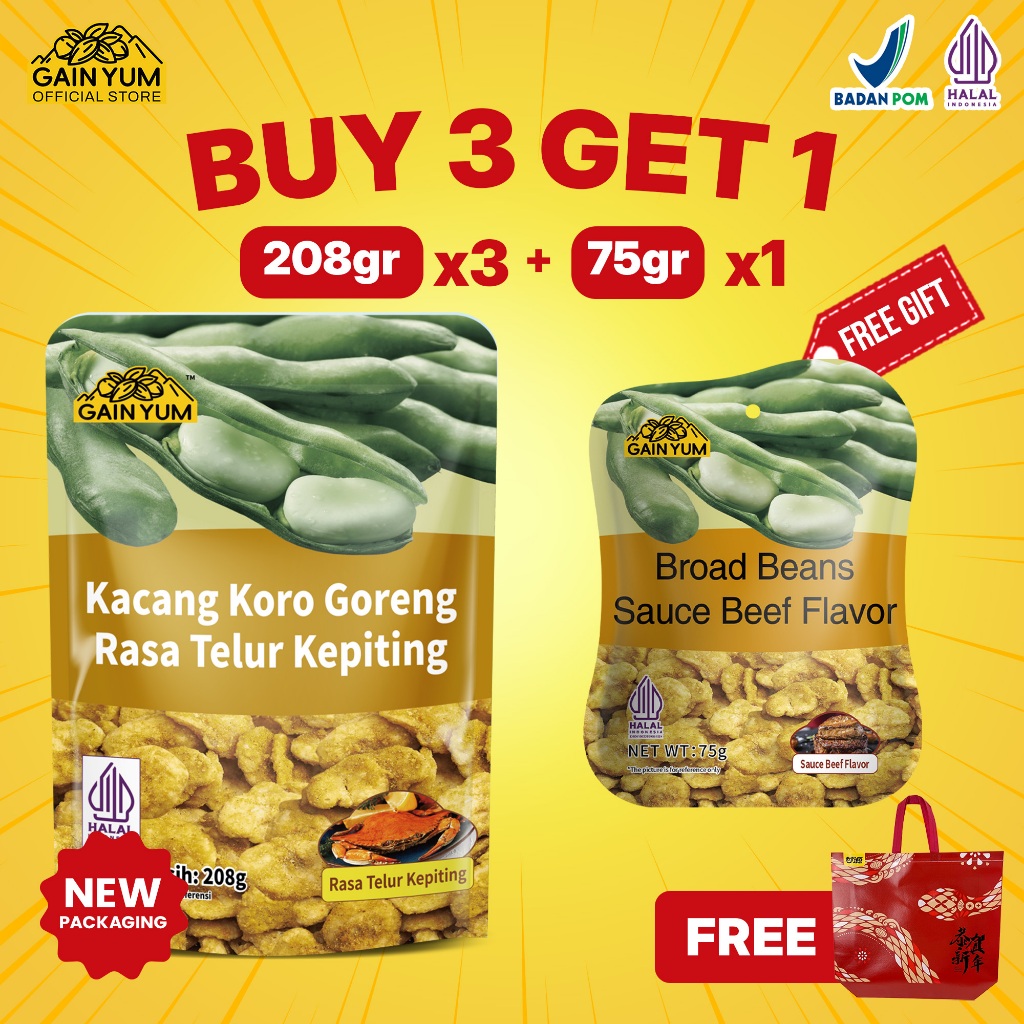

[GRATIS 2 PCS] GainYum - Snack Kacang Koro Rasa Telur Kepiting 208gx3 Gratis 75gx2