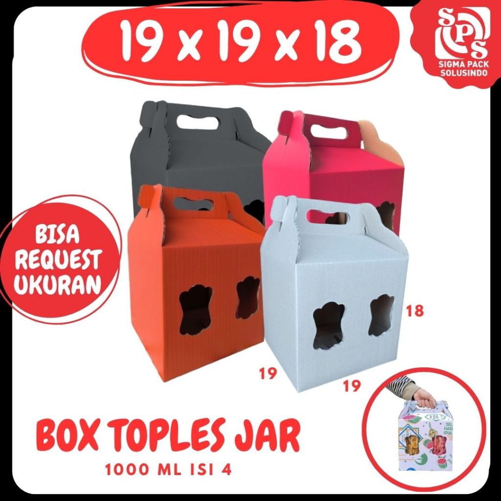 

Box Kuker 19x19x18 Jinjing (TOPLES JAR 1000ml Isi 4) Kardus Kue Kering Idul Fitri Hampers Gable Box
