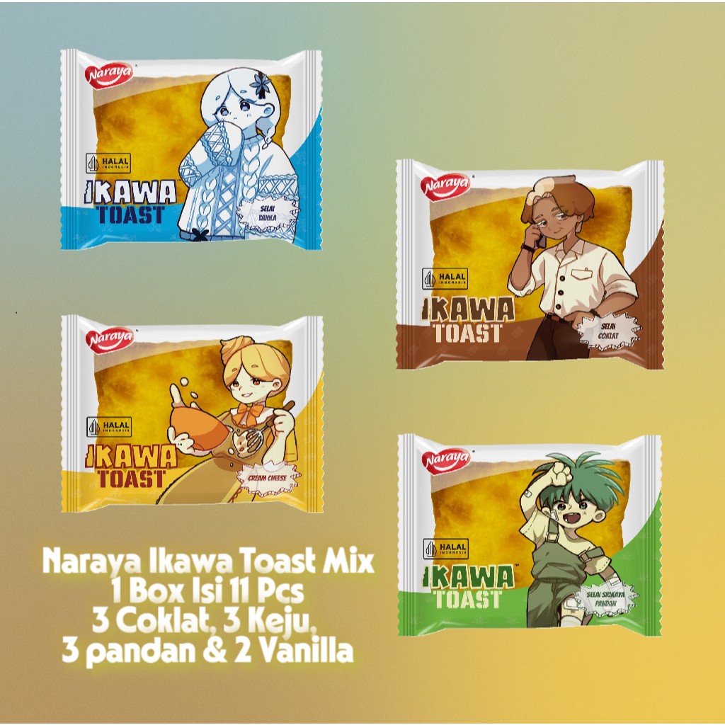 

[Box Mixed ] Naraya Ikawa Toast Roti Panggang Mix 4 Rasa - 1 Box Isi 11 Pcs ( 10 Gratis 1 )
