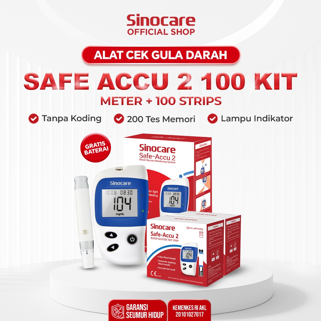 Alat Ukur Cek Gula Darah Instant Sinocare Safe-Accu2 95% Akurat 200 Memori(100 KIT)
