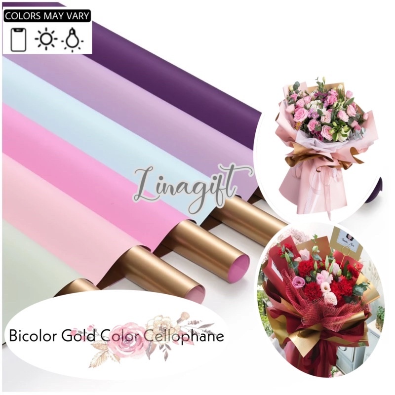 

( 5 Lembar ) BICOLOR GOLD COLOR - FLOWER WRAPPING PAPER CELLOPHANE BI COLOR EMAS GOLD BORDER LIST