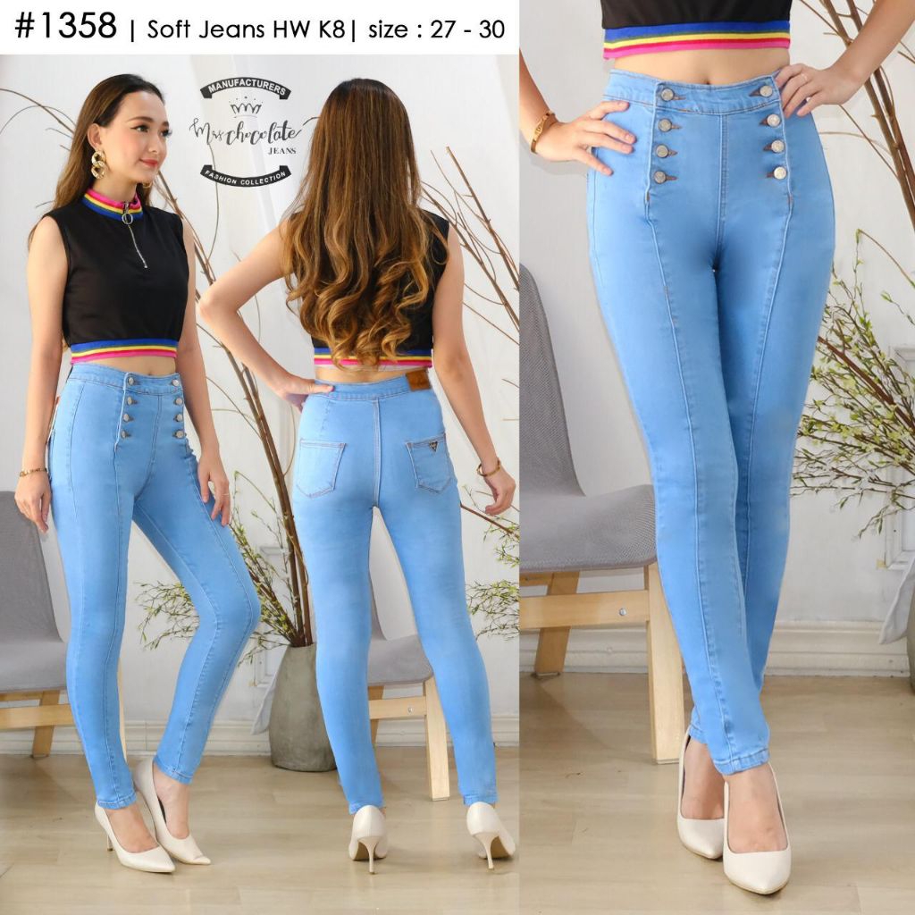 Skinny Pensil Celana Jeans Wanita/Cewek/Perempuan High Waist HW Kancing 6 Tali Silang