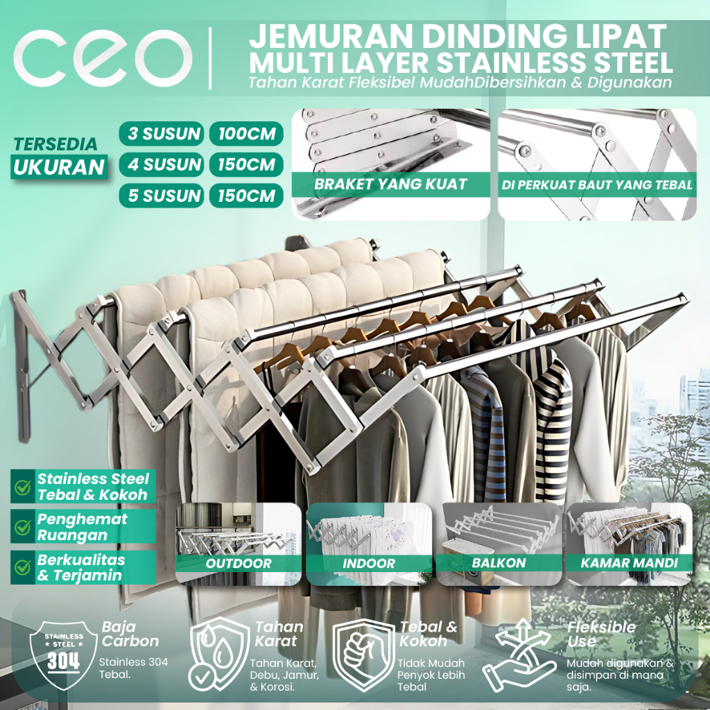 CEO Jemuran Dinding Stainless Steel Jemuran Tempel Dinding Multilayer Jemuran Pakaian Minimalis Kuat