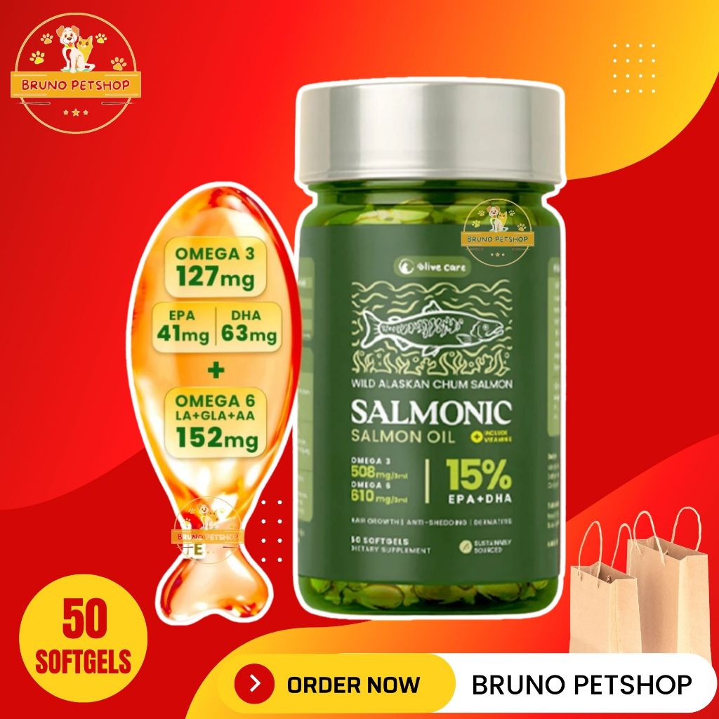 Olive Care Vitamin Minyak Ikan Kucing SALMONIC Murni & Alami Non-GMO Tinggi Omega 3 EPA DHA Omega 6 