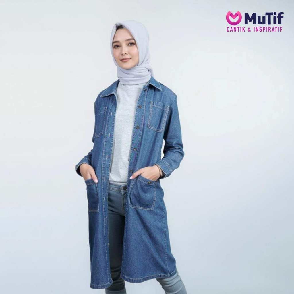 Baru Mutif Atasan Cardigan Tunik Lexus Medium Blue jeans premium