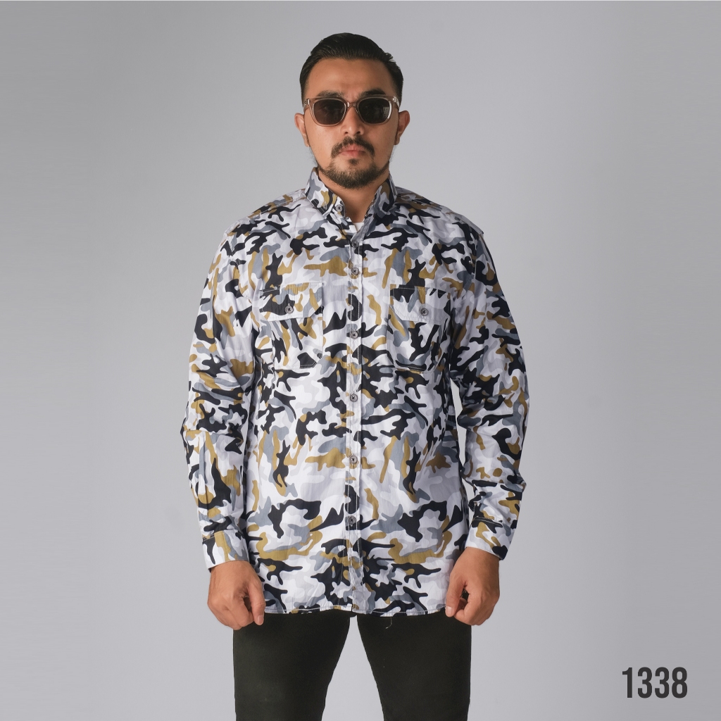 PAKAJI Kemeja Pria Loreng Panjang Premium Kemeja Loreng Coklat-Abu Kemeja Kantong Dua 1338