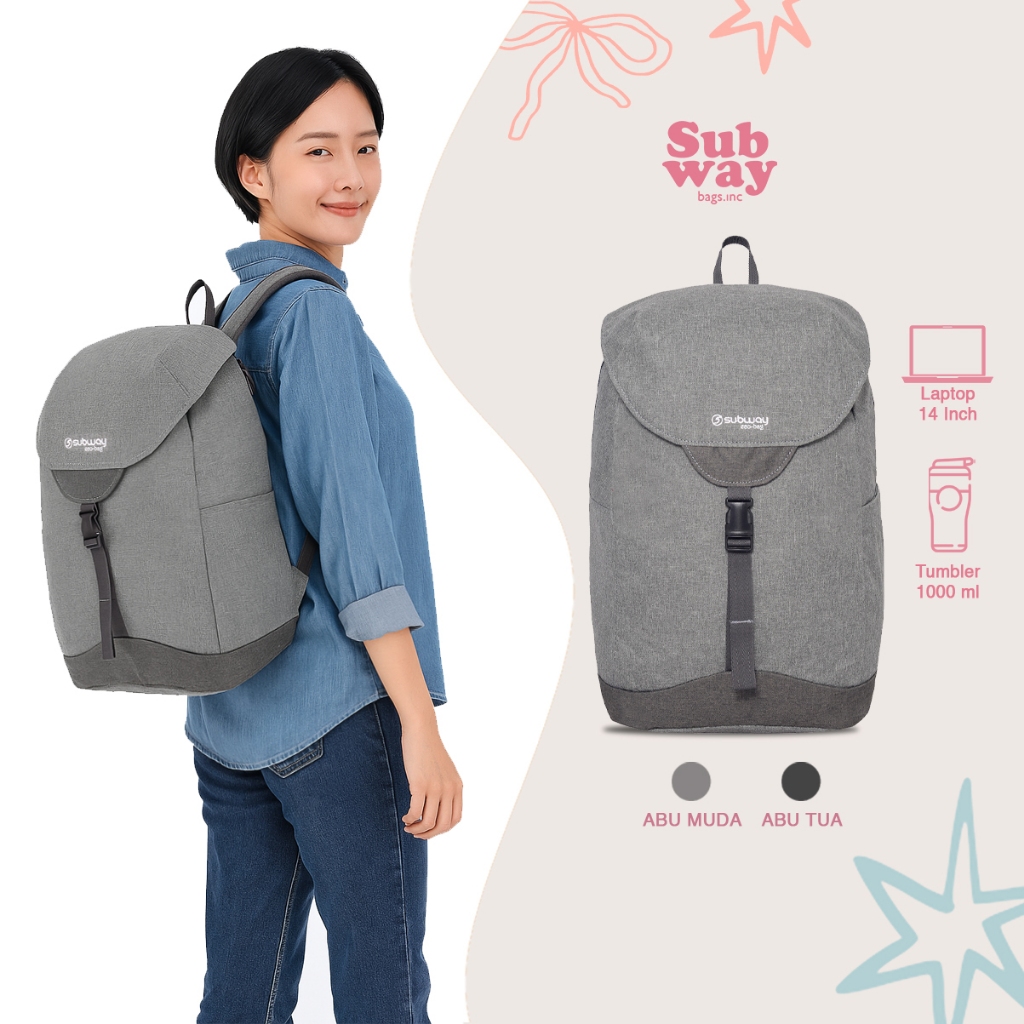 Subway - Tas Ransel Wanita Backpack Kuliah Kerja FREE Rain Cover - 22575 EcoBag Series