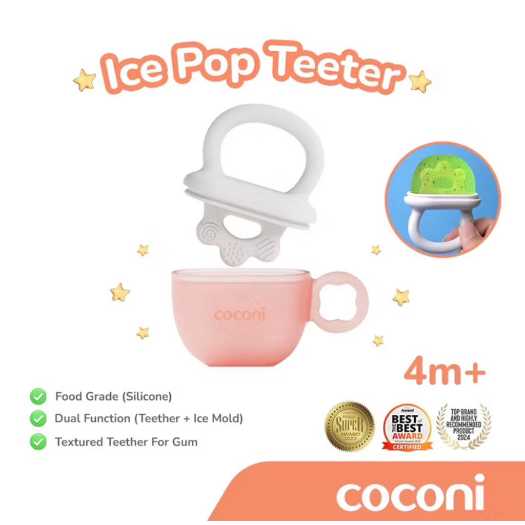 COCONI Ice Pop Teether – Teether + Cetakan Es Buah Bayi 2-in-1 | Food Grade Silicone, Aman untuk 4 B