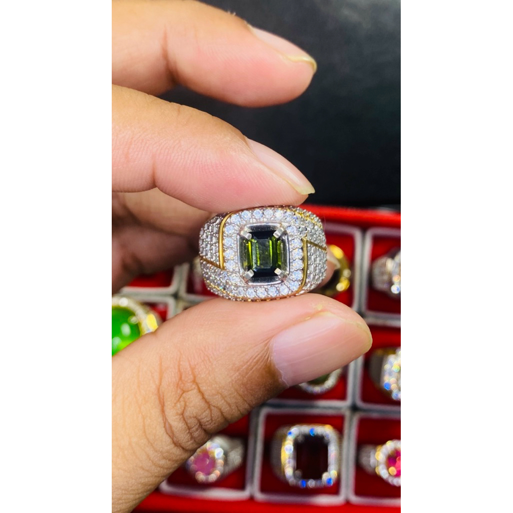 NATURAL GREEN TOURMALINE RING PERAK MEWAH BERSERTIFIKAT