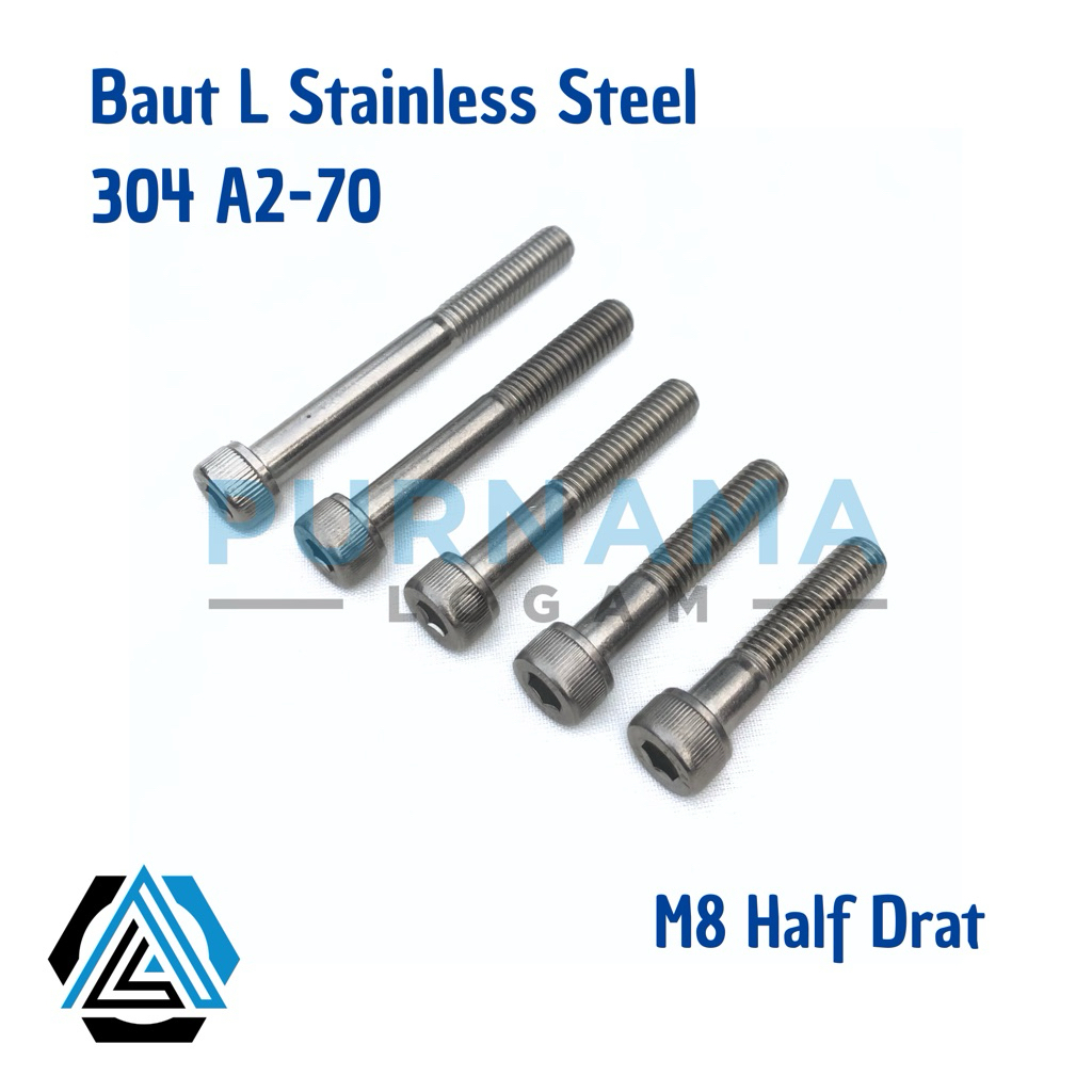Baut L M8 x 60 HALF DRAT ( Panjang 6cm ) Stainless 304 THE A2-70/ Drat 10/ Kunci L6