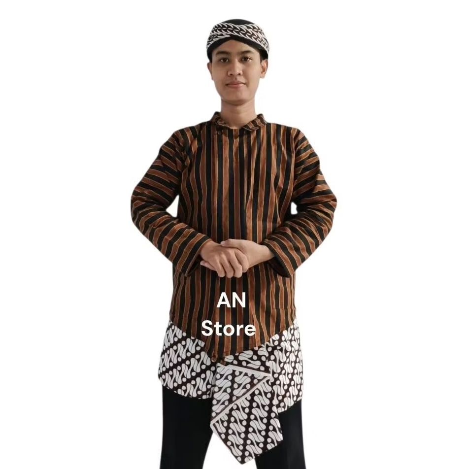 Setelan Baju adat Pria Surjan Dewasa + Blangkon motif Batik Putih Dan Sembong Dewasa zmotif Batik pu