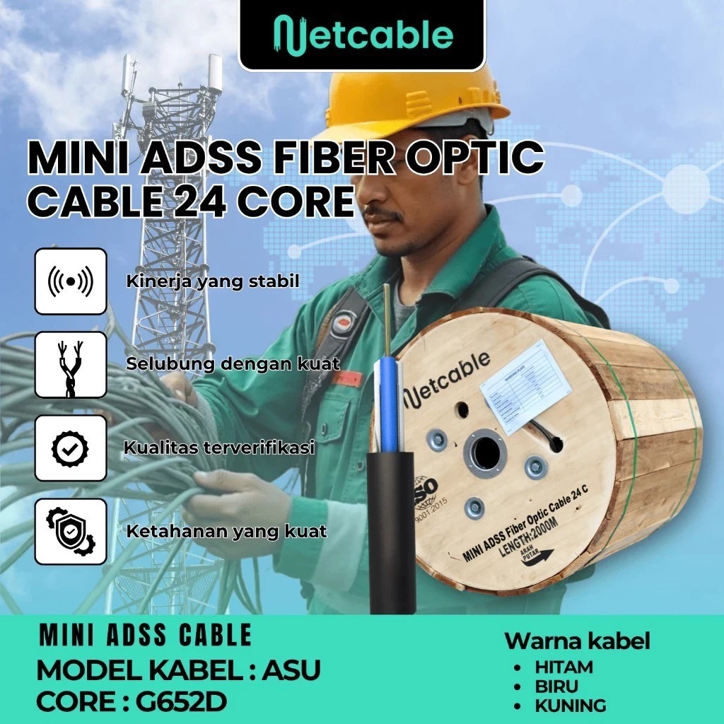 NETCABLE KABEL FIBER OPTIK FO MINI ADSS CORE 6 CORE 12 CORE 24 Core PANJANG 2KM 2000M 4KM 4000M