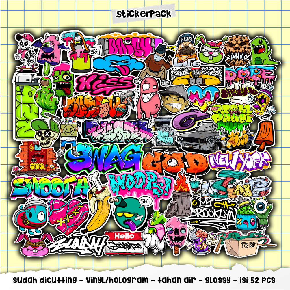 

52pcs stickerpack graffiti series part 1, stiker vinyl & hologram tahan air