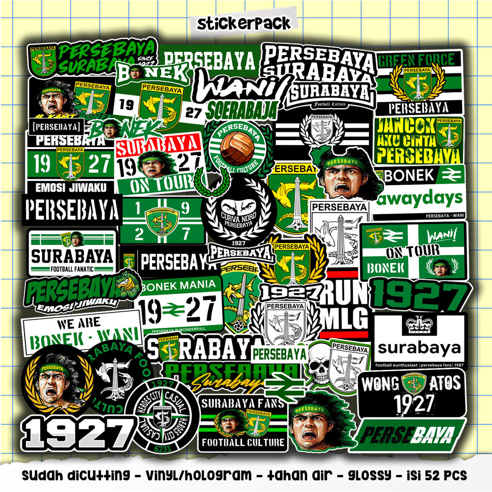 

52pcs stickerpack persebaya fans, stiker bonek vinyl & hologram tahan air