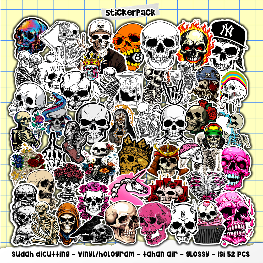 

stickerpack skull series isi 52pcs, stiker vinyl & hologram tahan air
