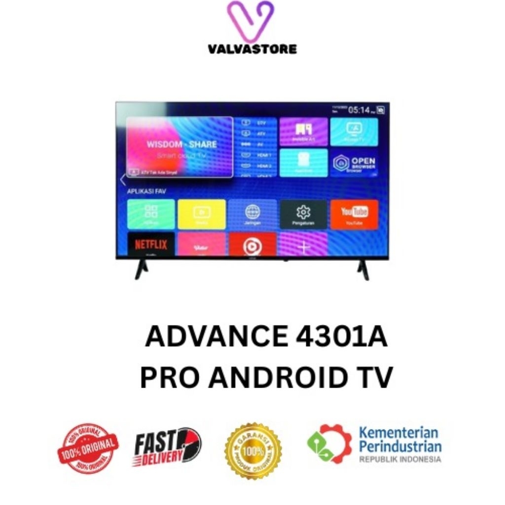 Advance ADV-4301A PRO Smart Televisi Frameless - Android TV 12 HD Panel LG Tanpa STB DV3 T2/C Wifi/H