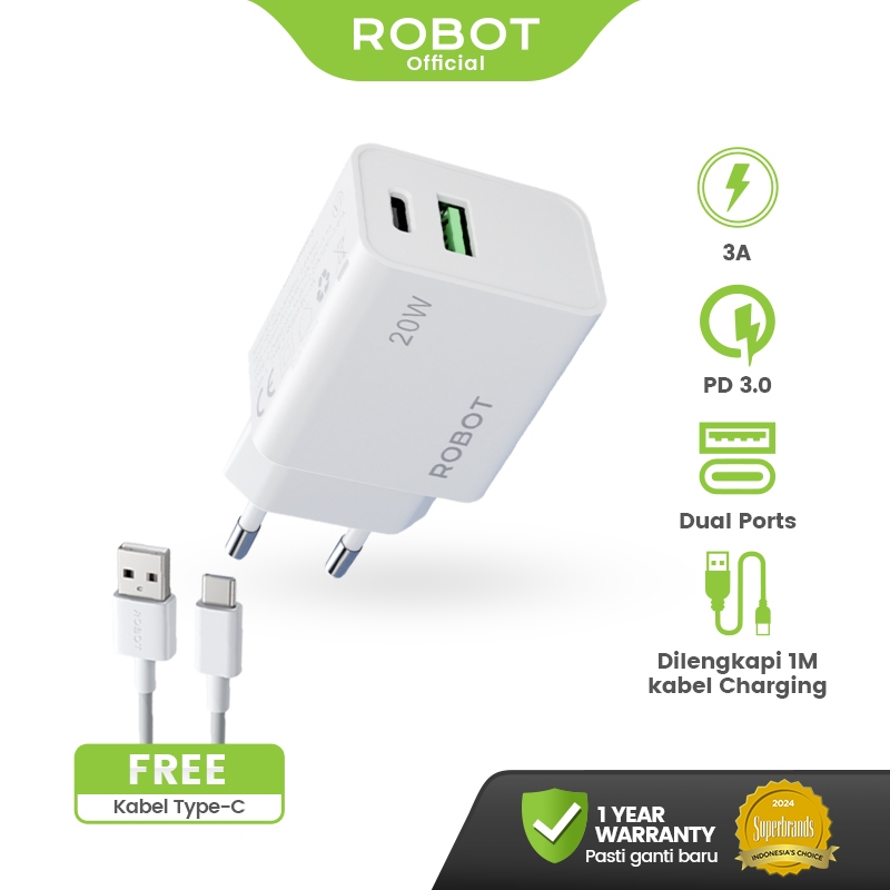 ROBOT Adapter Charger Fast Charging 20W Dual Port USB-A USB-C FREE Kabel Type-C Kompatibel Android d