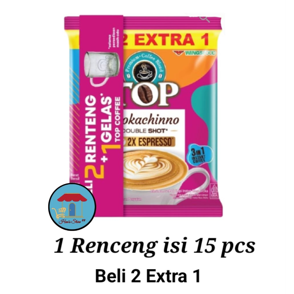 

Top Coffe Kopi Mokachinno Double Shot Instan Renceng 22 gr (1 Renceng isi 15 pcs)