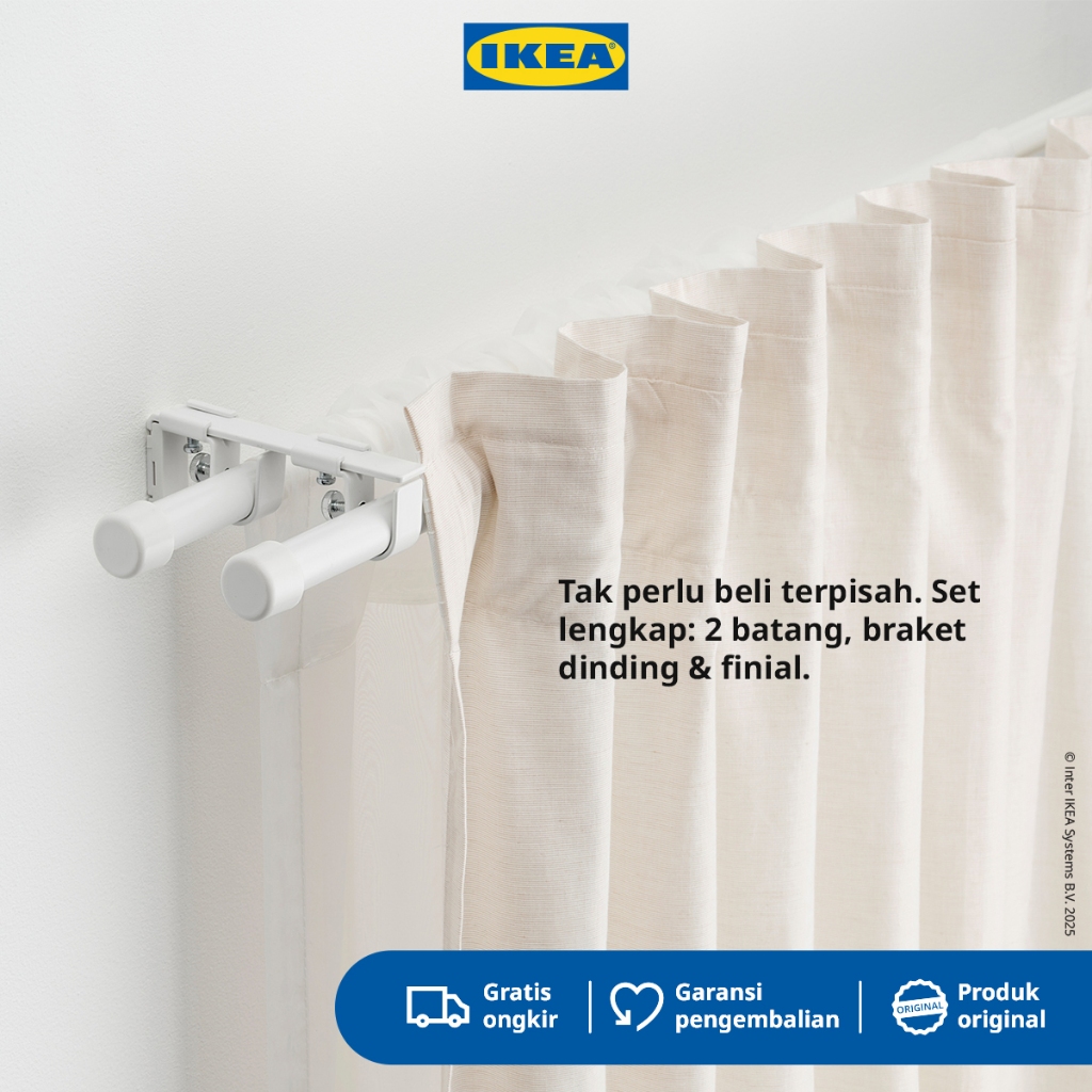 IKEA BEKRAFTA Set Batang Dua Gorden Putih 120-210cm 19mm