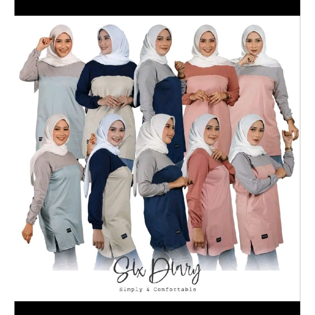SixDiary Kaos Atasan Wanita Tunik Kombinasi Tangan Kerut Warna Terbaru