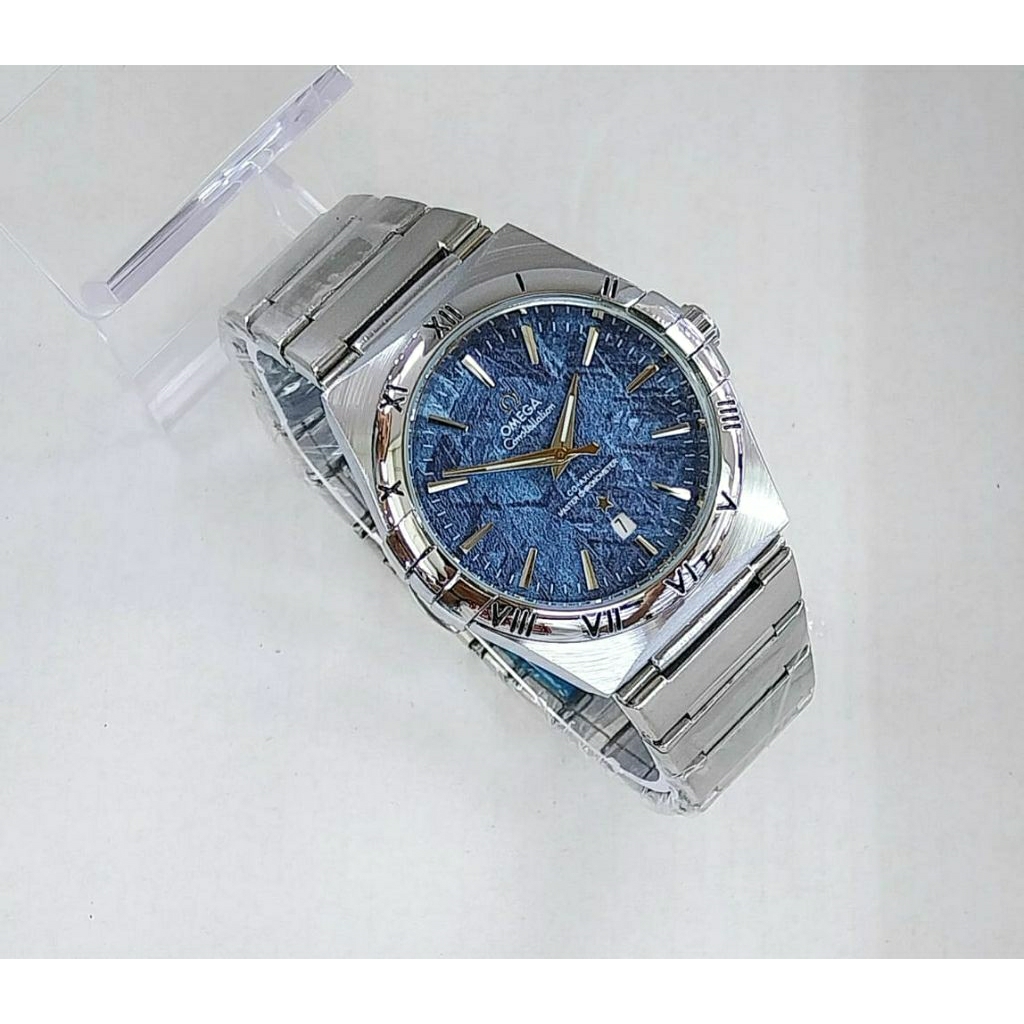 JAM TANGAN PRIA KLASIK RANTAI SILVER RING SILVER PLAT BIRU MOTIF