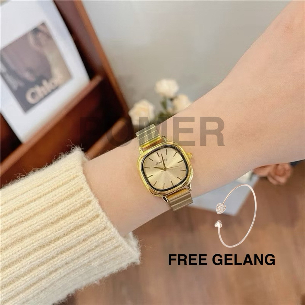 [FREE GELANG] Jam Tangan Wanita Gogoey Analog Stainless Korean Fashion  Jam Anti Air Jam Kotak Jam A