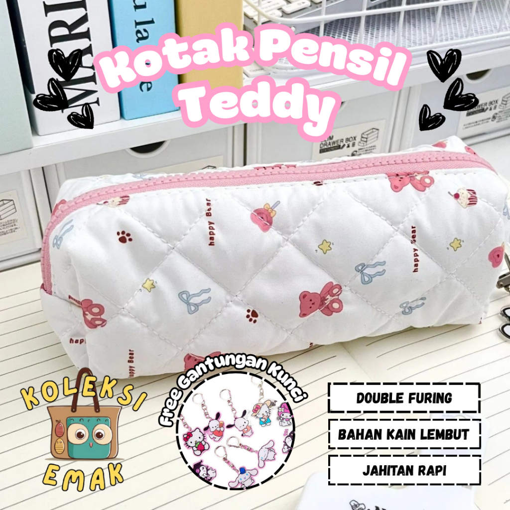 

Kotak Pensil Teddy Bear dan Pocha Tempat Pensil Sekolah Sanrio Lucu Kapasitas Besar | Bahan Quilted Lembut | Double Furing | FREE GANTUNGAN KUNCI SB-11