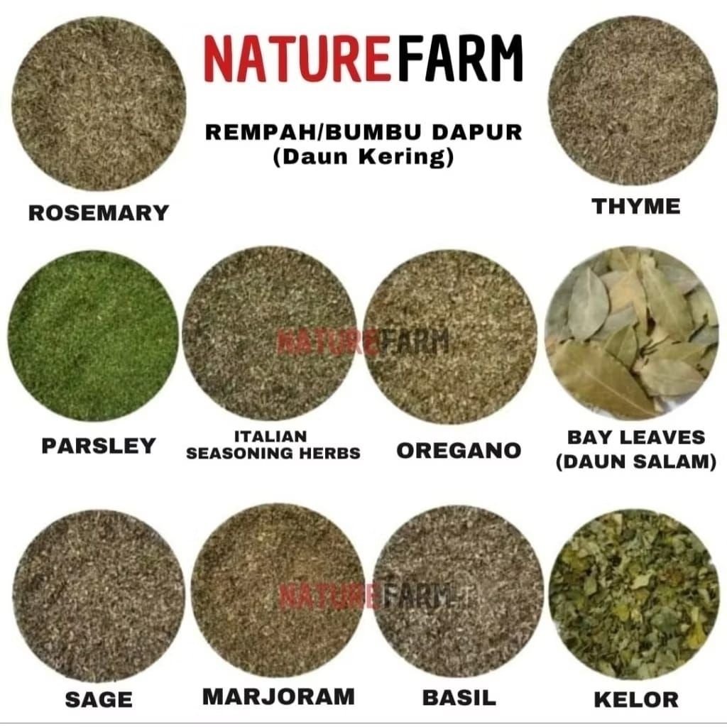 

Rempah Daun Kering Parsley/Oregano/Thyme/Rosemary/Italian Herbs/Marjoram/Sage/Basil/Turkey BayLeaves/Kelor