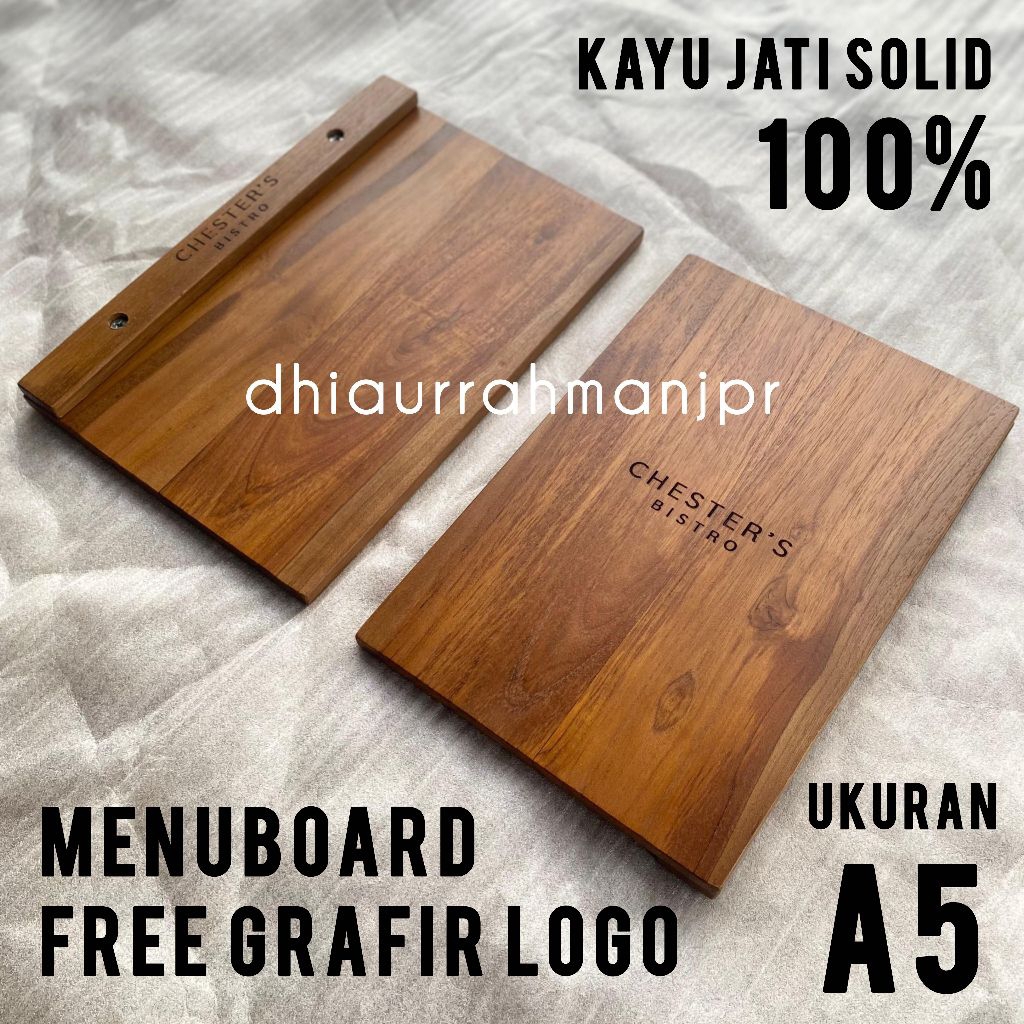 

Buku Menu atau Menuboard A5 kayu jati solid free grafir logo