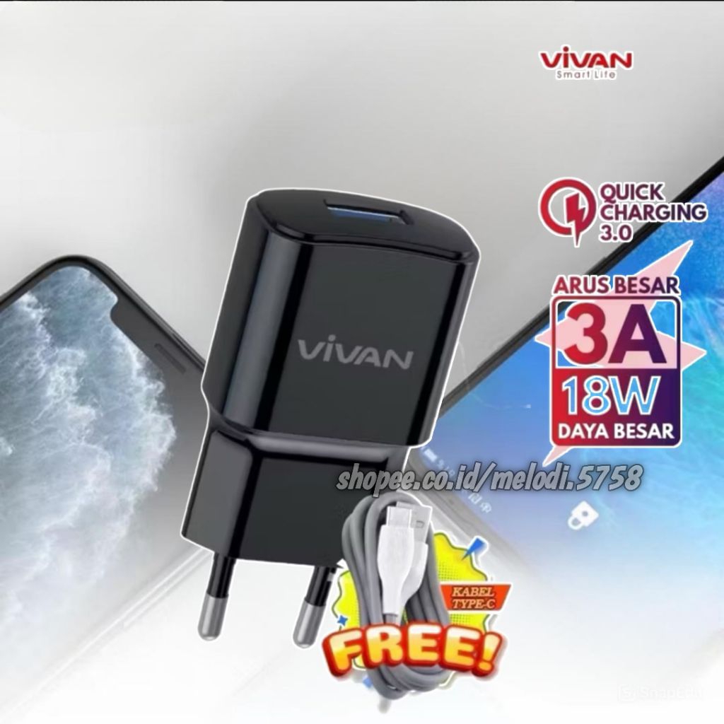 VIVAN POWER ADAPTER CHARGER TYPE C 18W 3A QUICK CHARGE UNTUK CHARGER OPPO VIVO XIOMI REALME INFINIX 