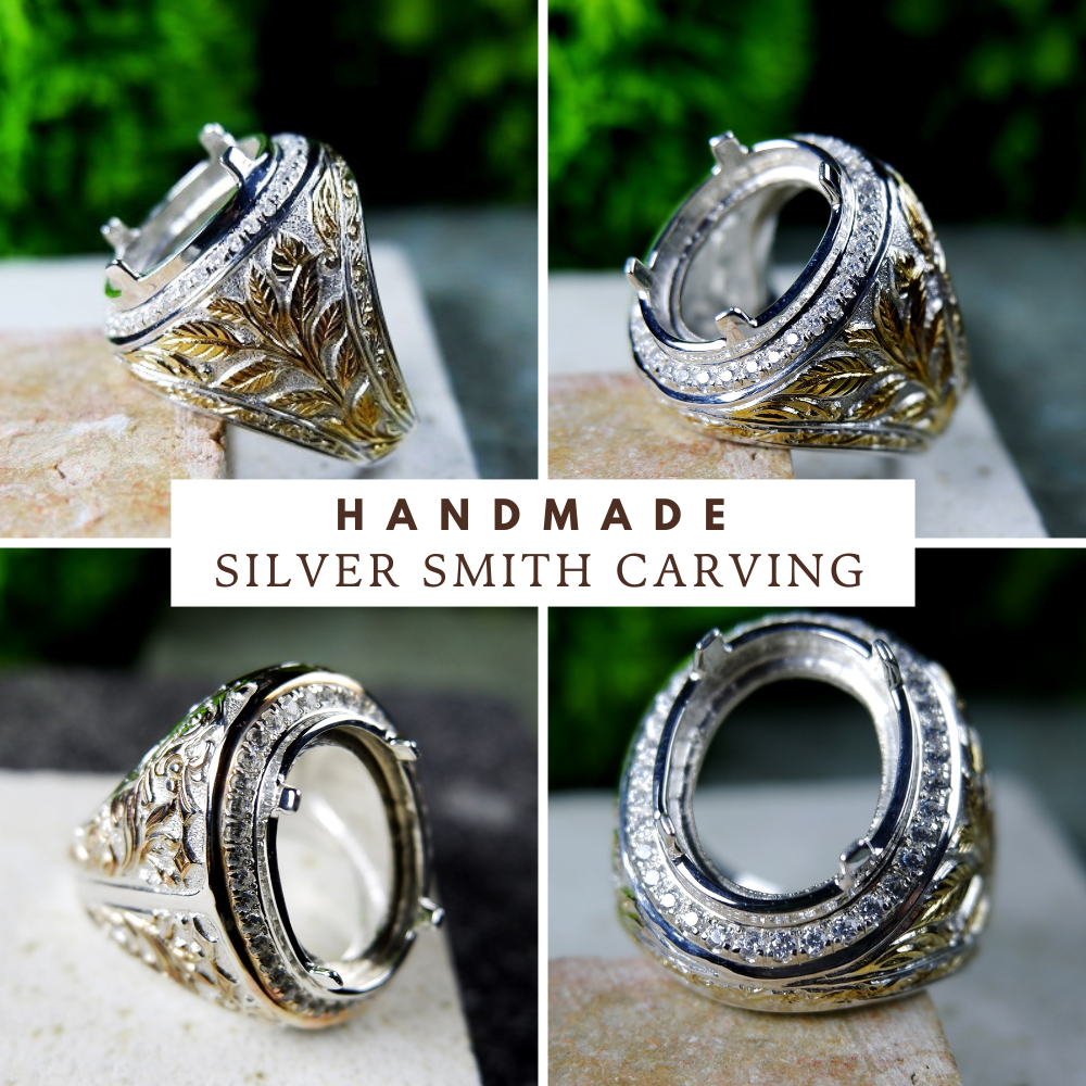 Cincin Pria Perak 950/925 Handmade Kosongan EB08 – Ukiran Custom, Ikat Batu Mulia Akik / Permata All