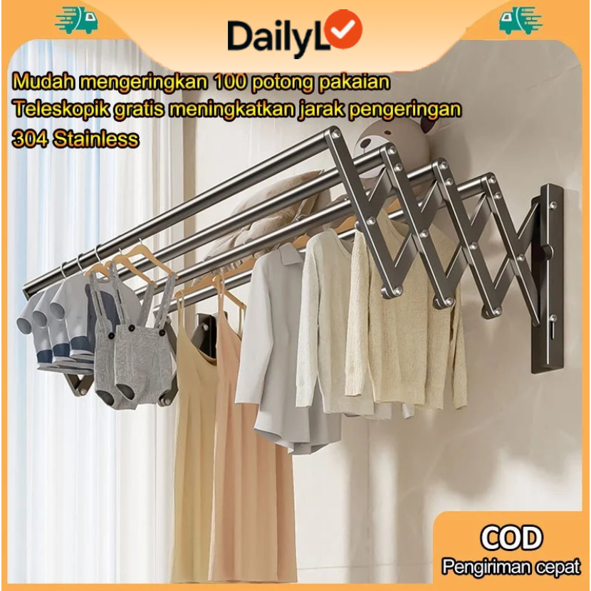DailyLo - Jemuran Baju Dinding Stainless Panjang 100-200cm Jemuran Lipat Dinding Jemuran Baju Tempel