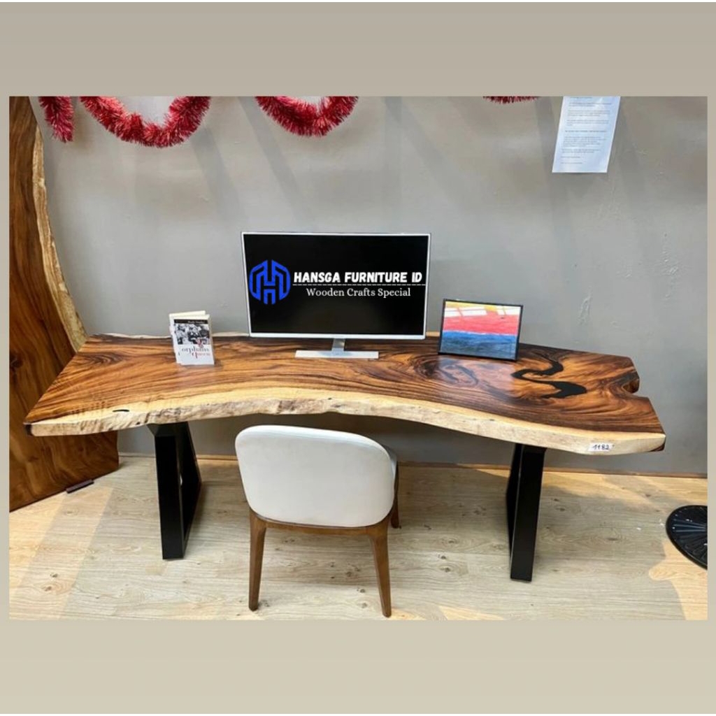 meja kantor meja kerja kayu solid trembesi kaki besi