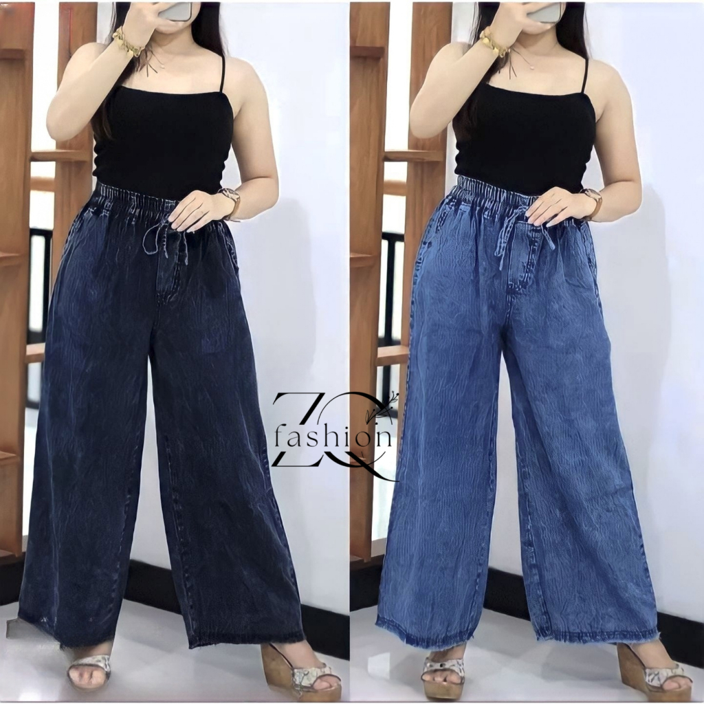 KULOT JEANS PINGGANG KARET - Celana Jeans Kulot Wanita Full Pinggang Karet Tali Serut