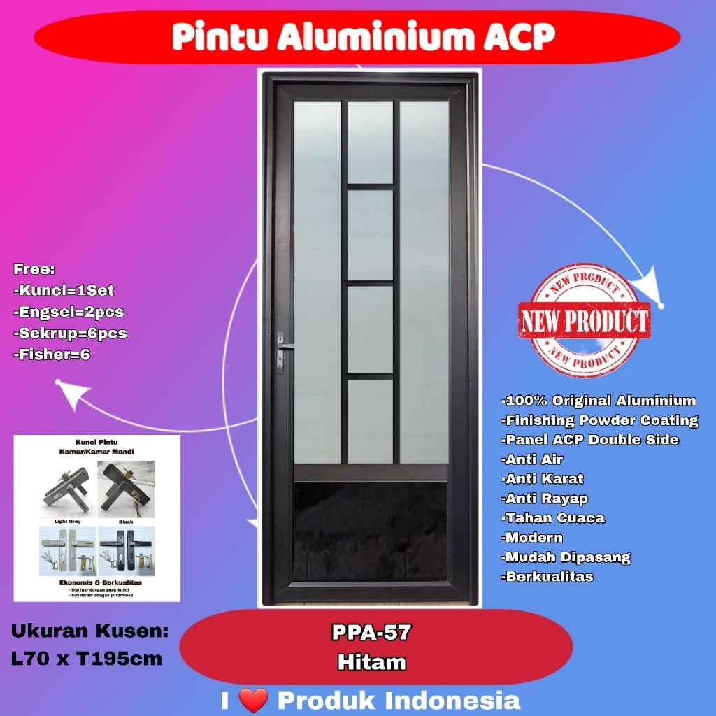 Pintu Full Alumunium Modern-PPA 57-3/4 Kaca Es 5mm-Ornamen-Hitam