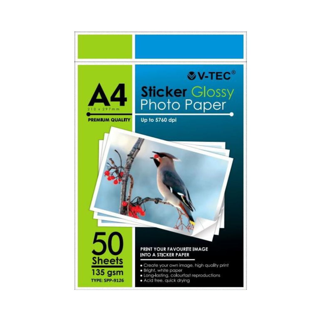 

Sticker Glossy V-TEC A4 135g 50's SPP-9126 ( Stiker Glossy Photo Paper 135 gsm )