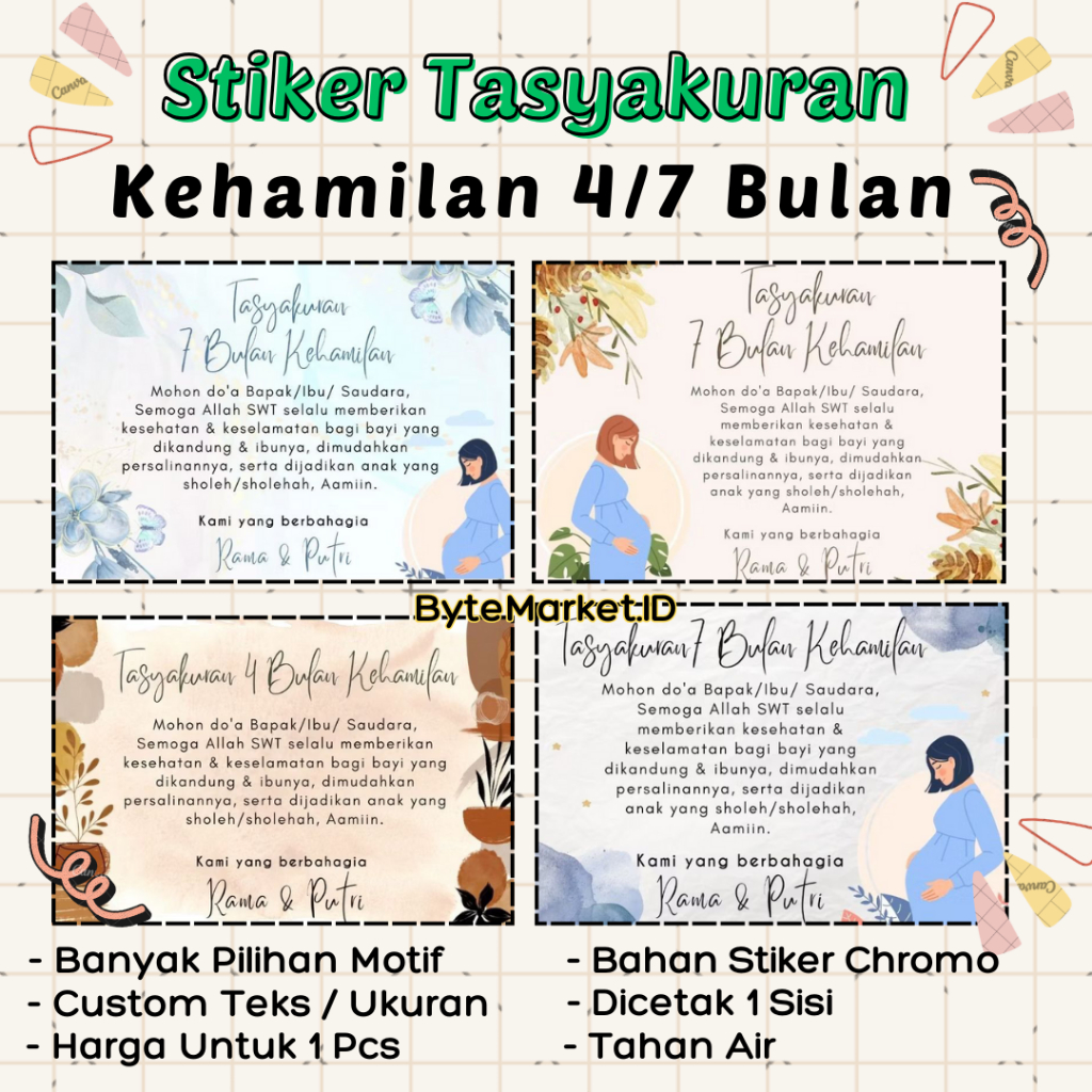 

Cetak Kart/Stiker Label Tasyakuran Kehamilan, Syukuran 4/7 Bulanan Kehamilan Non Hijab